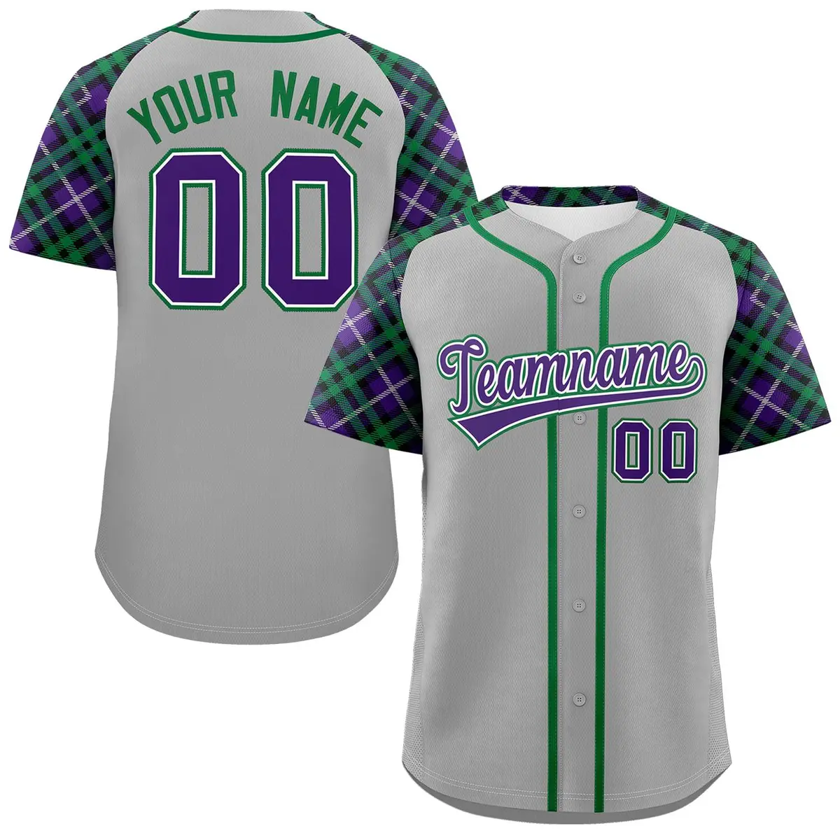 Gray Purple-Kelly Green Raglan Sleeves Baseball Jersey