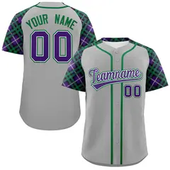 Gray Purple-Kelly Green Raglan Sleeves Baseball Jersey 1