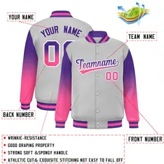 Gray Purple-Pink Gradient Varsity Full-Snap Raglan Baseball Jacket 2