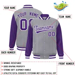 Gray Purple Pinstripe Raglan Full-Snap Letterman Baseball Jacket 2