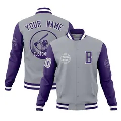 Gray Purple Raglan Full-Snap Varsity Letterman Baseball Jacket 1