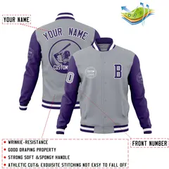 Gray Purple Raglan Full-Snap Varsity Letterman Baseball Jacket 4
