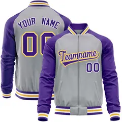 Gray Purple Raglan Sleeves Varsity Full-Zip Letterman Baseball Jacket