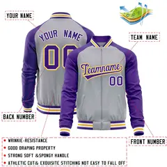 Gray Purple Raglan Sleeves Varsity Full-Zip Letterman Baseball Jacket 4
