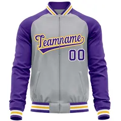 Gray Purple Raglan Sleeves Varsity Full-Zip Letterman Baseball Jacket 5