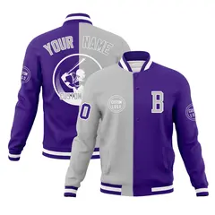 Gray Purple Split Letterman Varsity Full-Snap Baseball Jacket 1