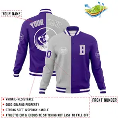 Gray Purple Split Letterman Varsity Full-Snap Baseball Jacket 4