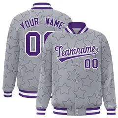 Gray Purple Star Pattern Varsity Full-Snap Letterman Baseball Jacket 1