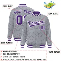 Gray Purple Star Pattern Varsity Full-Snap Letterman Baseball Jacket 2