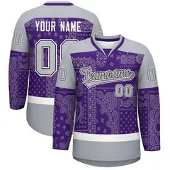 Gray Purple White Cashew Flower Graffiti V-Neck Hockey Jersey 1