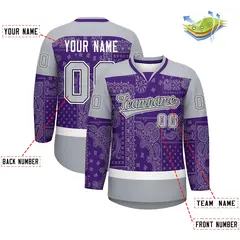 Gray Purple White Cashew Flower Graffiti V-Neck Hockey Jersey 2