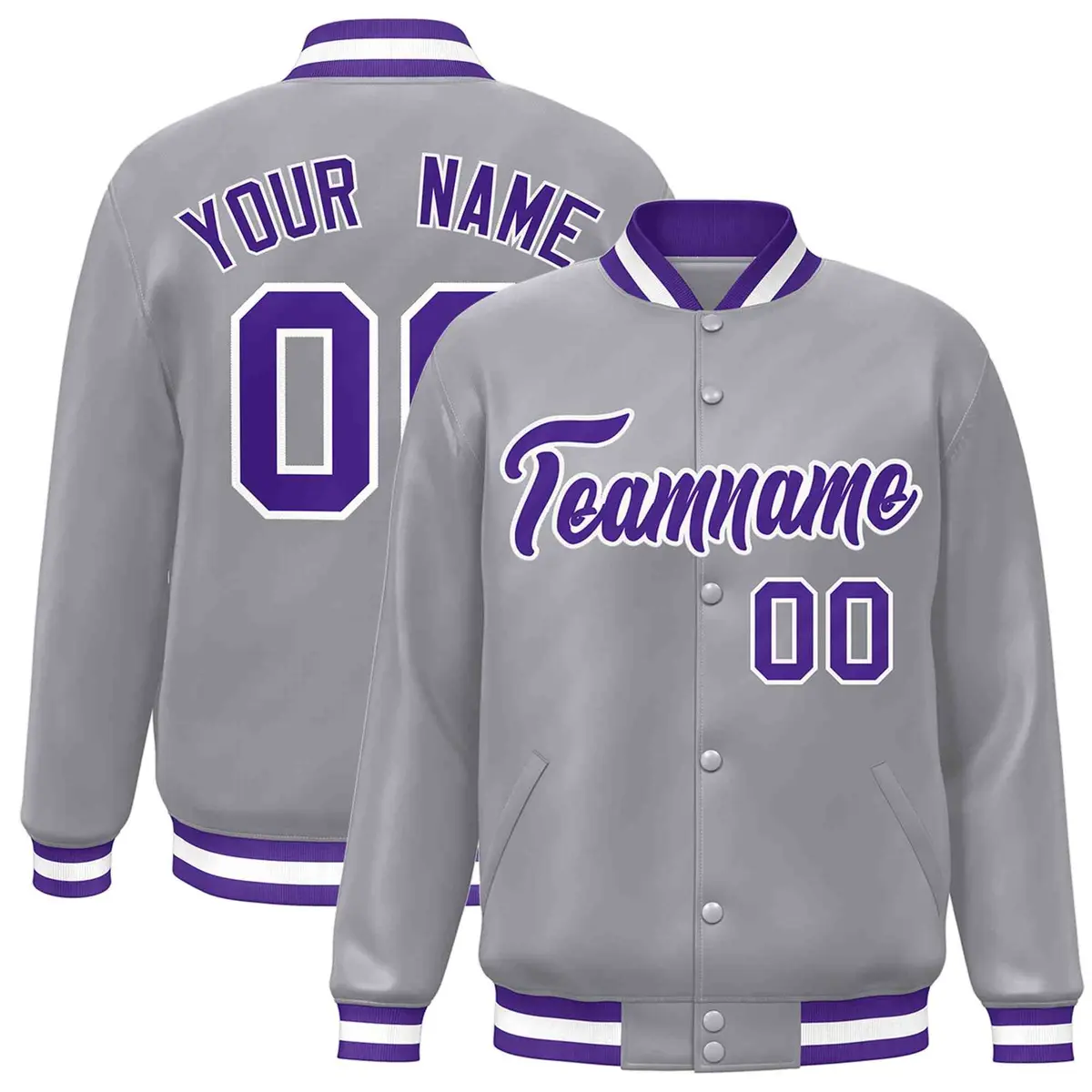Gray Purple-White Classic Varsity Full-Snap Letterman Jacket