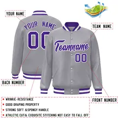 Gray Purple-White Classic Varsity Full-Snap Letterman Jacket 2