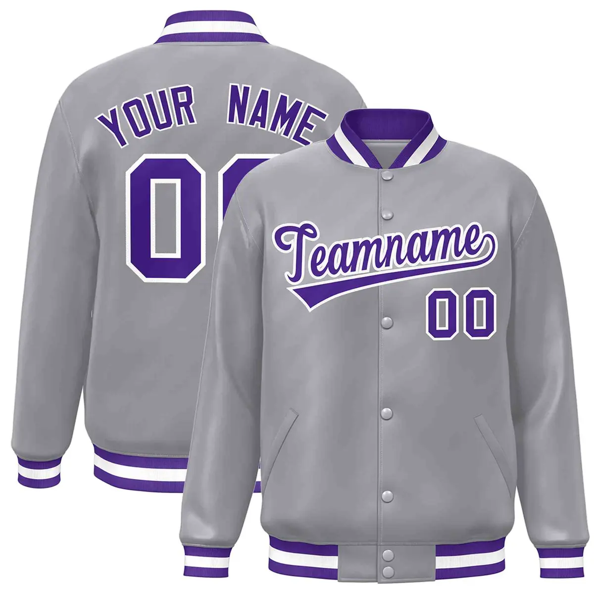 Gray Purple-White Classic Varsity Full-Snap Letterman Jacket