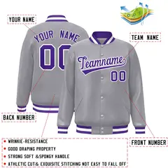 Gray Purple-White Classic Varsity Full-Snap Letterman Jacket 2