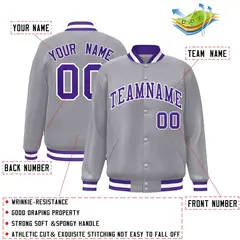 Gray Purple-White Classic Varsity Full-Snap Letterman Jacket 2