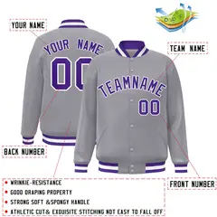 Gray Purple-White Classic Varsity Full-Snap Letterman Jacket 2