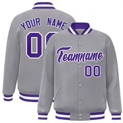 Gray Purple-White Classic Varsity Full-Snap Letterman Jacket