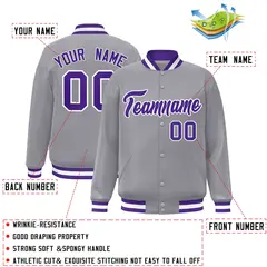 Gray Purple-White Classic Varsity Full-Snap Letterman Jacket 2