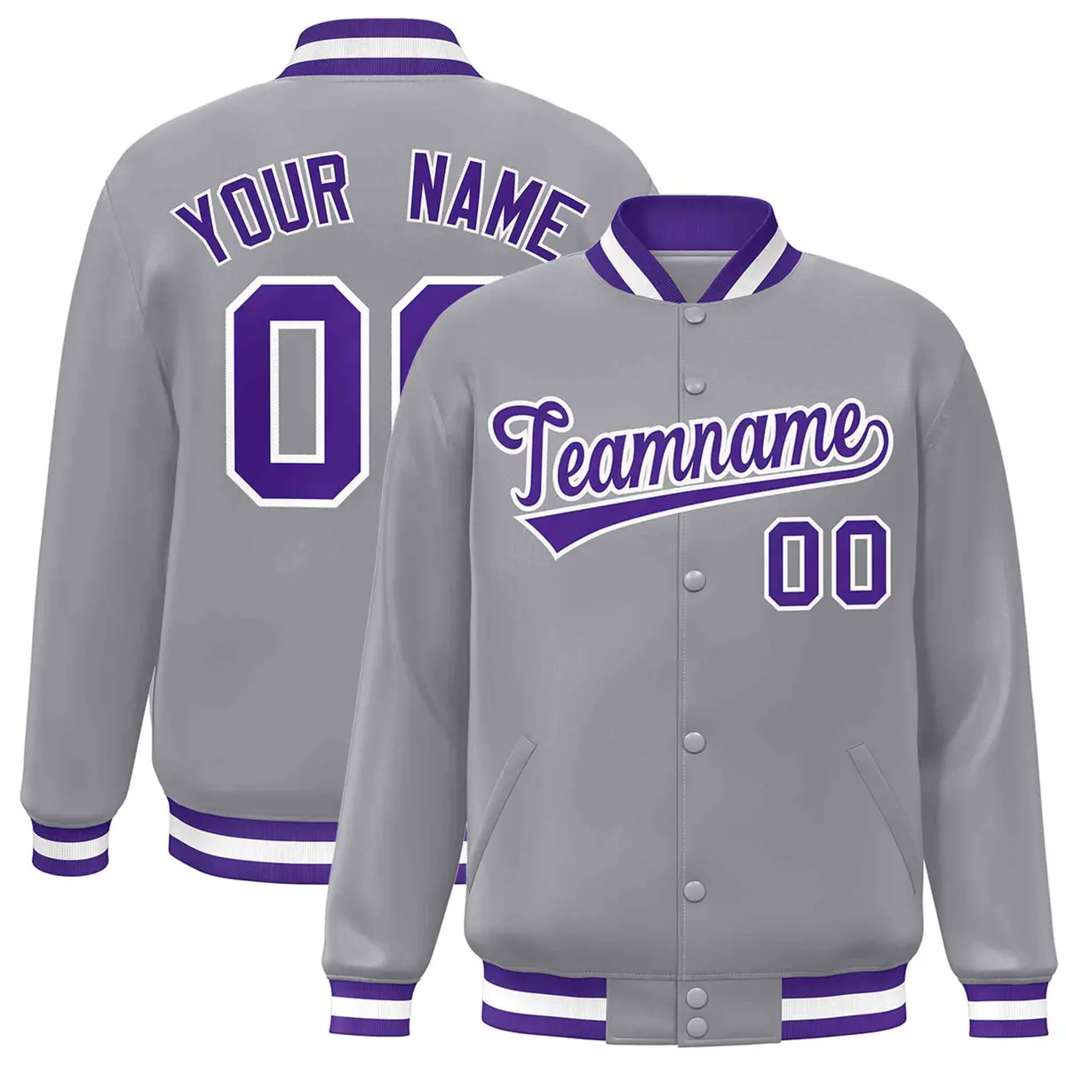 Gray Purple-White Classic Varsity Full-Snap Letterman Jacket