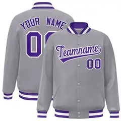 Gray Purple-White Classic Varsity Full-Snap Letterman Jacket 1