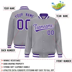 Gray Purple-White Classic Varsity Full-Snap Letterman Jacket 2