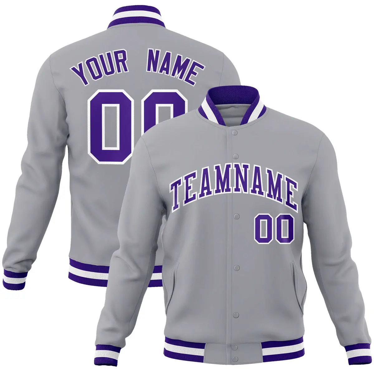 Gray Purple-White Classic Varsity Full-Snap Letterman Jacket
