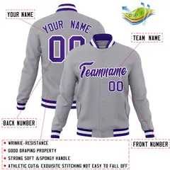 Gray Purple-White Classic Varsity Full-Snap Letterman Jacket 4