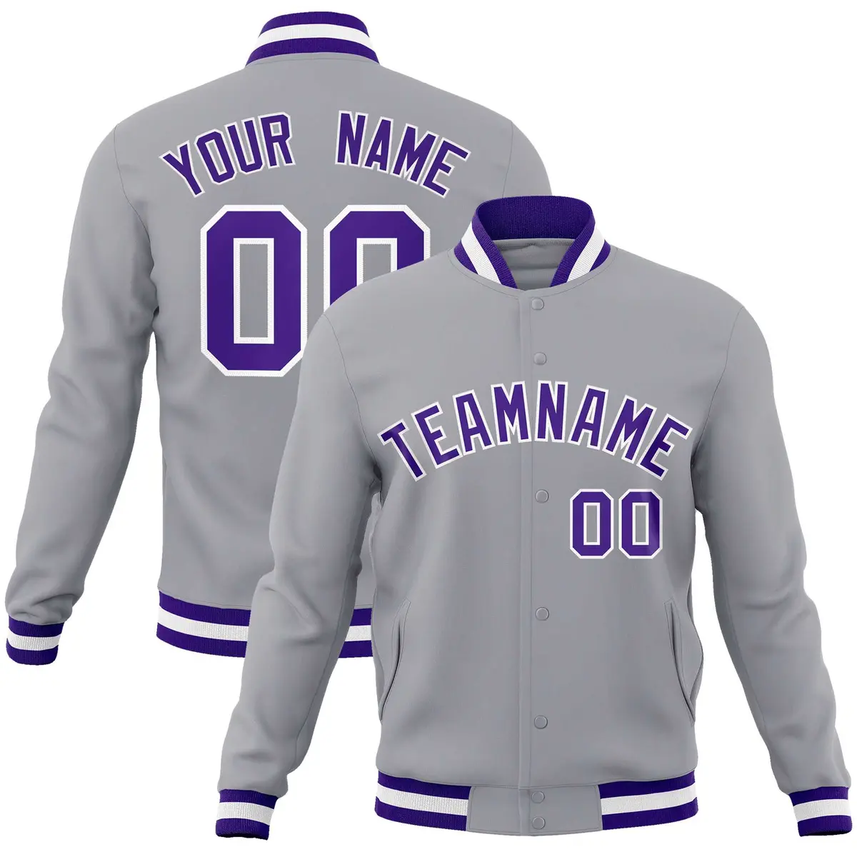 Gray Purple-White Classic Varsity Full-Snap Letterman Jacket