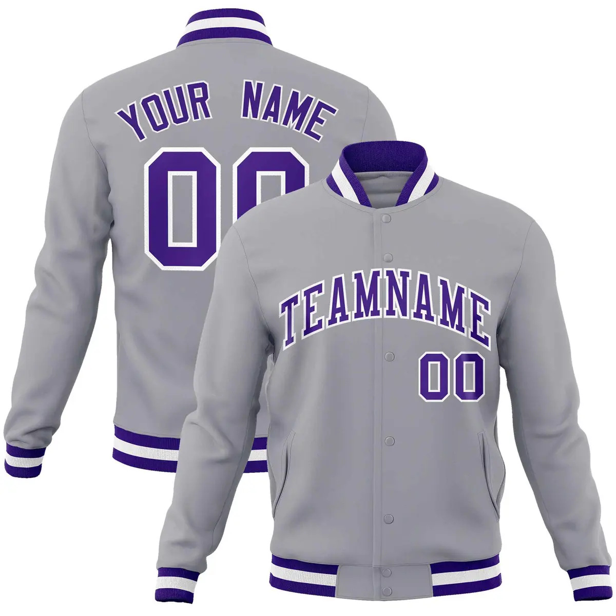 Gray Purple-White Classic Varsity Full-Snap Letterman Jacket