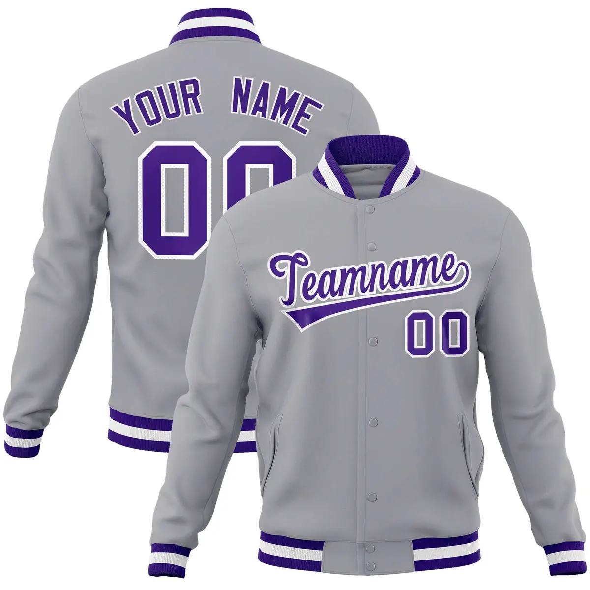 Gray Purple-White Classic Varsity Full-Snap Letterman Jacket