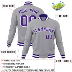 Gray Purple-White Classic Varsity Full-Snap Letterman Jacket 4