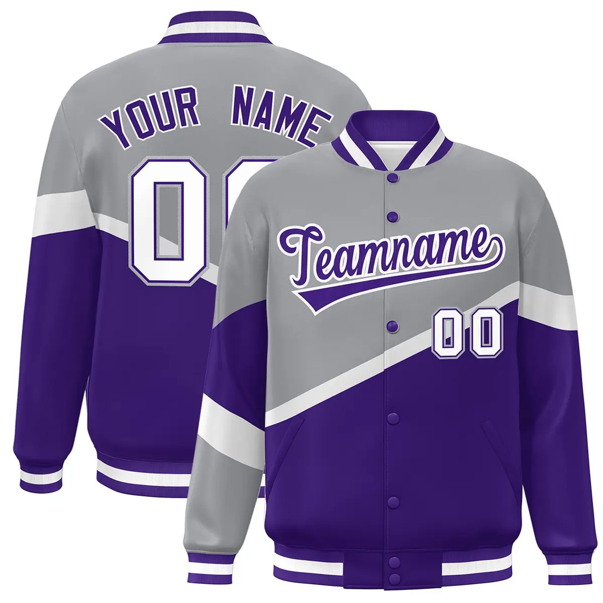 Gray Purple-White Color Block Varsity Bomber Baseball Jacket