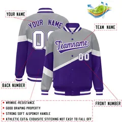 Gray Purple-White Color Block Varsity Bomber Baseball Jacket 2