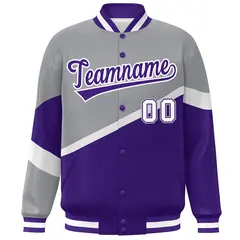 Gray Purple-White Color Block Varsity Bomber Baseball Jacket 3