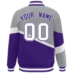 Gray Purple-White Color Block Varsity Bomber Baseball Jacket 4