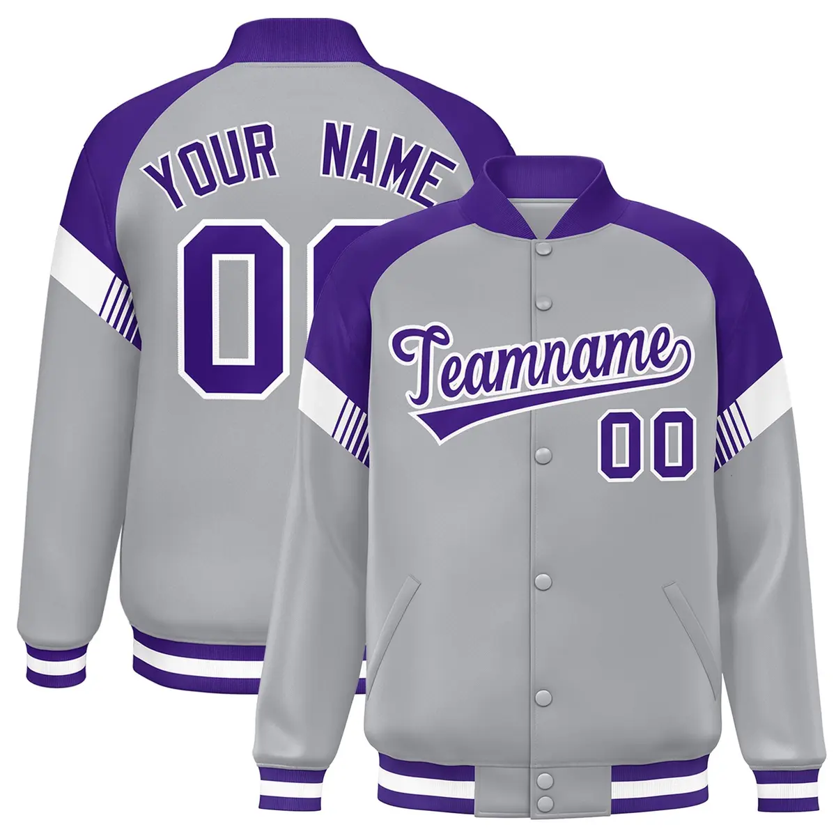 Gray Purple-White Color Block Varsity Letterman Jacket