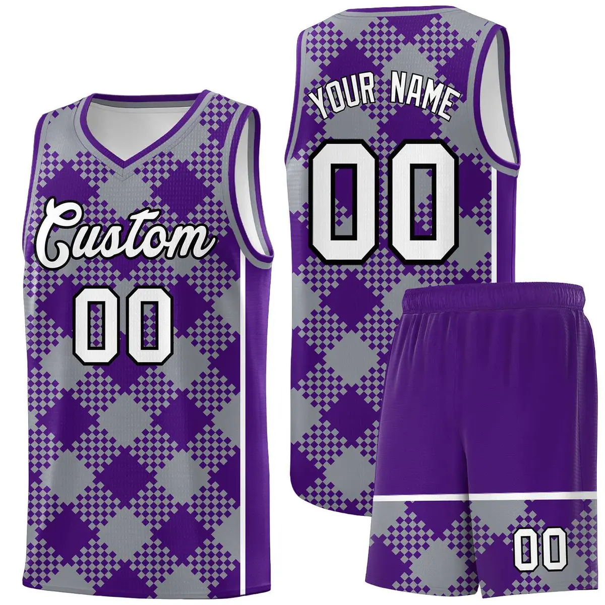 Gray Purple-White Grid Basketball Kits For Team