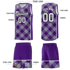 Gray Purple-White Grid Basketball Kits For Team 5