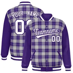Gray Purple-White Plaid Varsity Letterman Baseball Jacket 1
