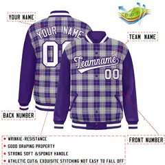Gray Purple-White Plaid Varsity Letterman Baseball Jacket 2