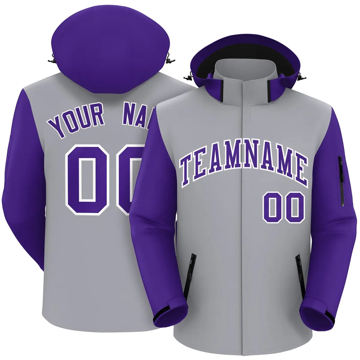 Gray Purple-White Raglan Sleeves Waterproof Jacket