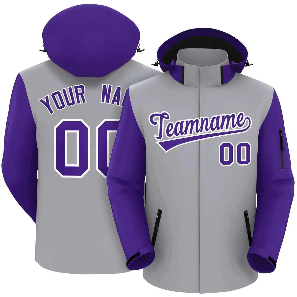 Gray Purple-White Raglan Sleeves Waterproof Jacket
