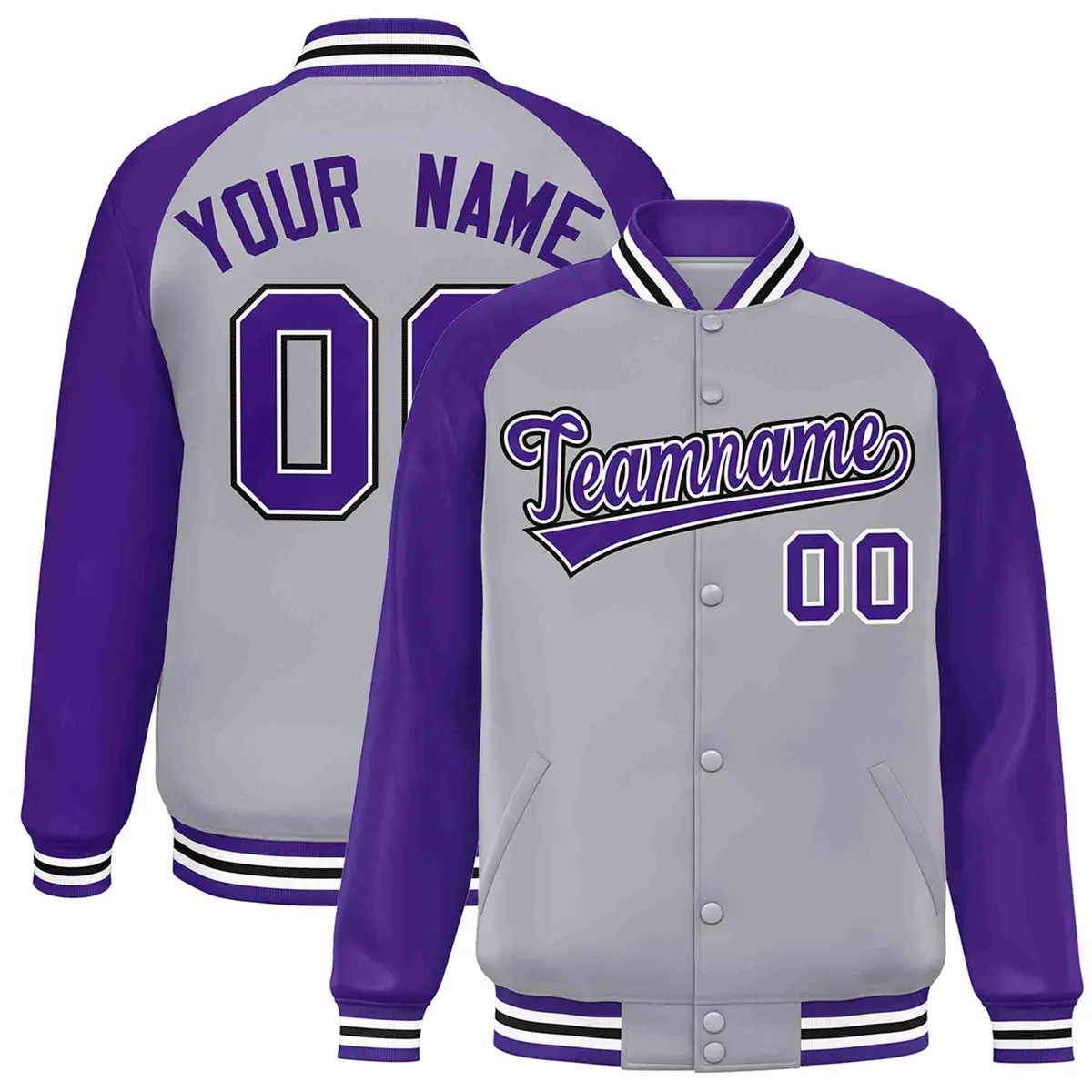 Gray Purple-White Raglan Varsity Full-Snap Letterman Jacket