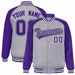 Gray Purple-White Raglan Varsity Full-Snap Letterman Jacket 1