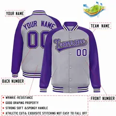 Gray Purple-White Raglan Varsity Full-Snap Letterman Jacket 2