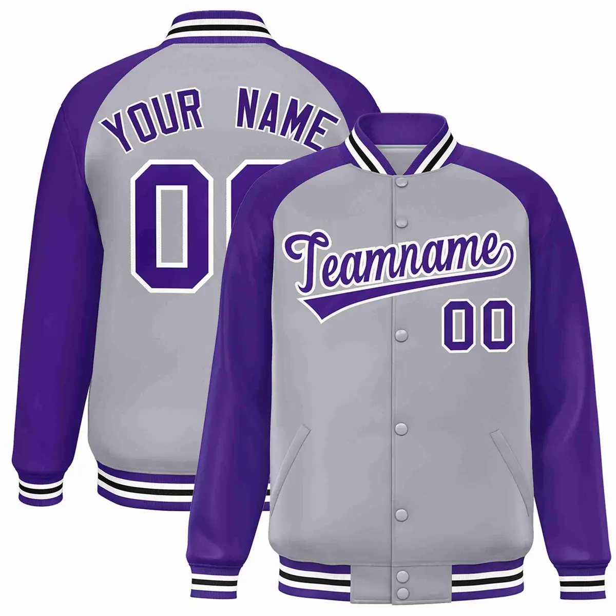 Gray Purple-White Raglan Varsity Full-Snap Letterman Jacket
