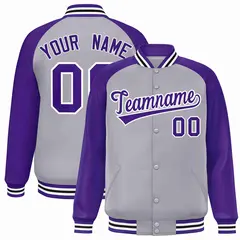 Gray Purple-White Raglan Varsity Full-Snap Letterman Jacket