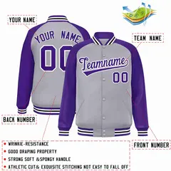 Gray Purple-White Raglan Varsity Full-Snap Letterman Jacket 2