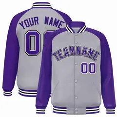 Gray Purple-White Raglan Varsity Full-Snap Letterman Jacket